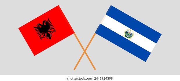 Crossed flags of Albania and El Salvador. Official colors. Correct proportion. Vector illustration
