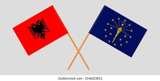 Crossed flags of Albania and the State of Indiana. Official colors. Correct proportion. Vector illustration
