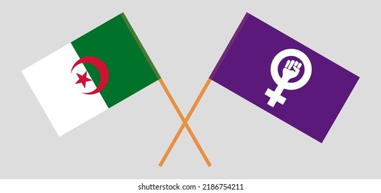 Crossed flags of Algeria and Feminism. Official colors. Correct proportion. Vector illustration
