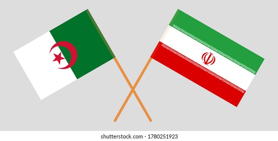 Crossed flags of Algeria and Iran. Official colors. Correct proportion. Vector illustration
