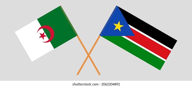 Crossed flags of Algeria and South Sudan. Official colors. Correct proportion. Vector illustration