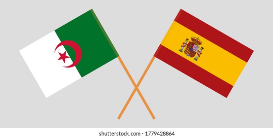 Crossed flags of Algeria and Spain. Official colors. Correct proportion. Vector illustration
