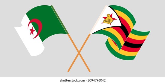 Crossed flags of Algeria and Zimbabwe. Official colors. Correct proportion. Vector illustration
