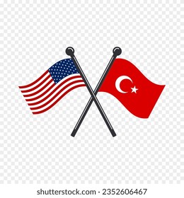 Crossed flags of America and Turkey. Vector illustrations of national symbols.

