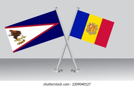 Banderas cruzadas de Samoa Americana y Andorra. Colores oficiales. Proporción correcta. Diseño de pancartas