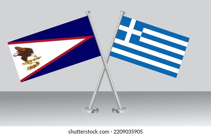Banderas cruzadas de Samoa Americana y Grecia. Colores oficiales. Proporción correcta. Diseño de pancartas