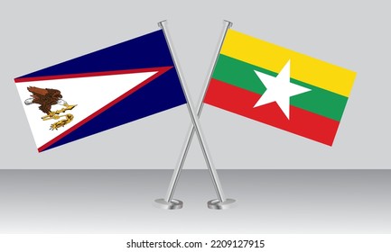 Banderas cruzadas de Samoa Americana y Myanmar. Colores oficiales. Proporción correcta. Diseño de pancartas