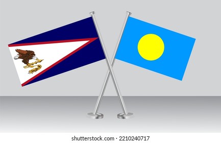 Crossed flags of American Samoa and Palau. Official colors. Correct proportion. Banner design