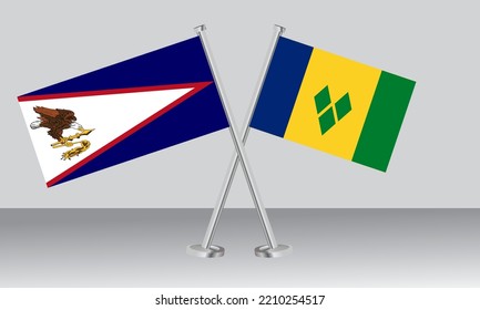 Crossed flags of American Samoa and Saint Vincent and the Grenadines. Official colors. Correct proportion. Banner design