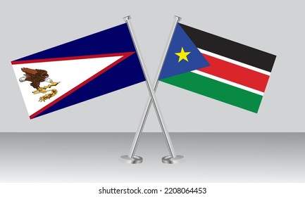 Crossed flags of American Samoa and South Sudan. Official colors. Correct proportion. Banner design