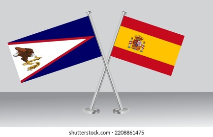 Banderas cruzadas de Samoa Americana y España. Colores oficiales. Proporción correcta. Diseño de pancartas