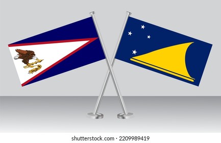 Crossed flags of American Samoa and Tokelau. Official colors. Correct proportion. Banner design