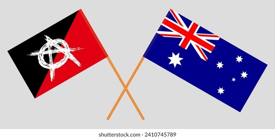 Crossed flags of anarchy and Australia. Official colors. Correct proportion. Vector illustration
