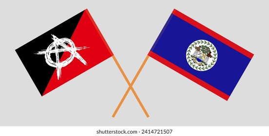 Crossed flags of anarchy and Belize. Official colors. Correct proportion. Vector illustration
