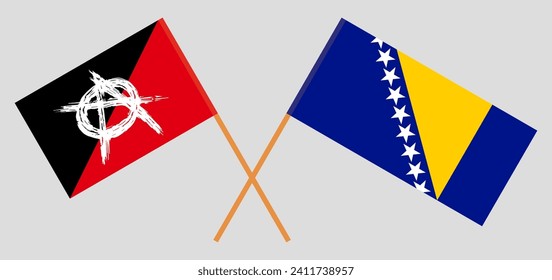 Crossed flags of anarchy and Bosnia and Herzegovina. Official colors. Correct proportion. Vector illustration
