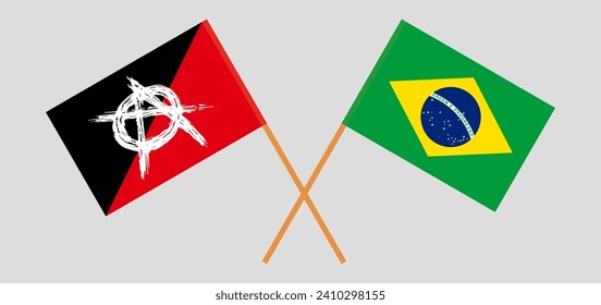 Crossed flags of anarchy and Brazil. Official colors. Correct proportion. Vector illustration
