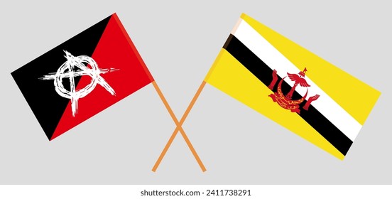 Crossed flags of anarchy and Brunei. Official colors. Correct proportion. Vector illustration
