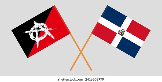 Crossed flags of anarchy and Dominican Republic. Official colors. Correct proportion. Vector illustration
