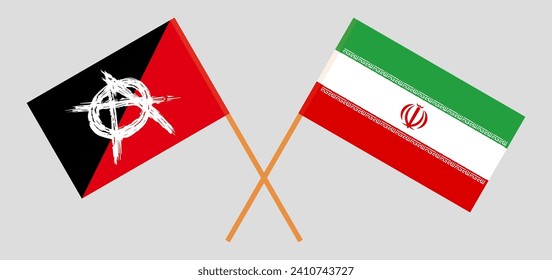 Crossed flags of anarchy and Iran. Official colors. Correct proportion. Vector illustration
