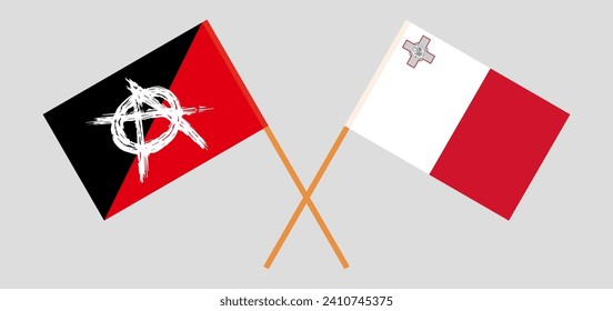 Crossed flags of anarchy and Malta. Official colors. Correct proportion. Vector illustration
