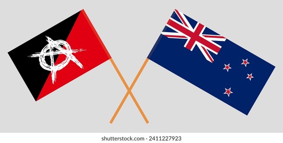 Crossed flags of anarchy and New Zealand. Official colors. Correct proportion. Vector illustration
