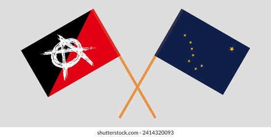 Crossed flags of anarchy and the State of Alaska. Official colors. Correct proportion. Vector illustration
