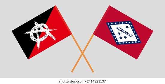 Crossed flags of anarchy and The State of Arkansas. Official colors. Correct proportion. Vector illustration
