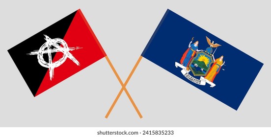 Crossed flags of anarchy and The State of New York. Official colors. Correct proportion. Vector illustration
