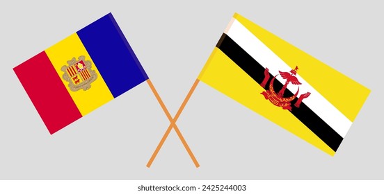 Crossed flags of Andorra and Brunei. Official colors. Correct proportion. Vector illustration
