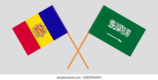 Crossed flags of Andorra and Saudi Arabia. Official colors. Correct proportion. Vector illustration
