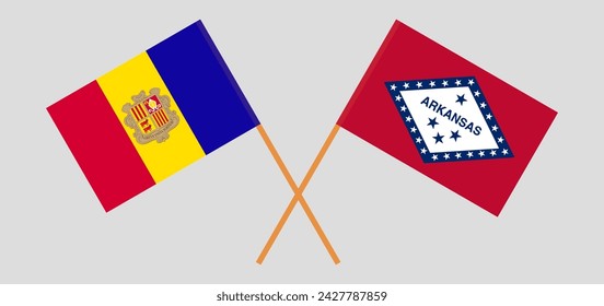 Crossed flags of Andorra and The State of Arkansas. Official colors. Correct proportion. Vector illustration
