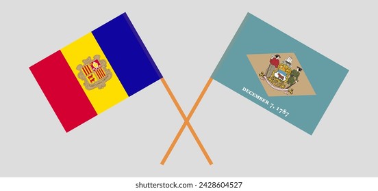 Crossed flags of Andorra and The State of Delaware. Official colors. Correct proportion. Vector illustration
