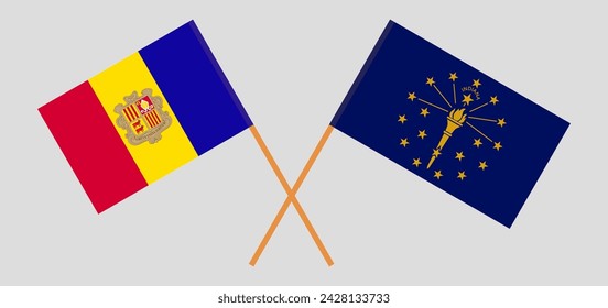 Crossed flags of Andorra and the State of Indiana. Official colors. Correct proportion. Vector illustration
