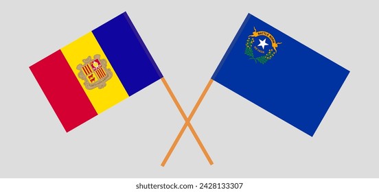 Unter den Flaggen Andorras und des Staates Nevada. Offizielle Farben. Richtiges Verhältnis. Vektorgrafik
