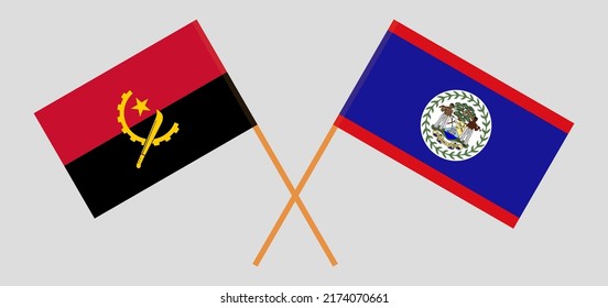 Crossed flags of Angola and Belize. Official colors. Correct proportion. Vector illustration