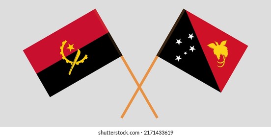 Crossed flags of Angola and Papua New Guinea. Official colors. Correct proportion. Vector illustration
