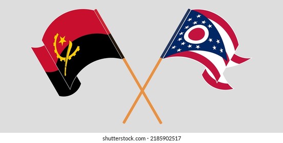 Crossed flags of Angola and the State of Ohio. Official colors. Correct proportion. Vector illustration
