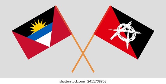 Crossed flags of Antigua and Barbuda and anarchy. Official colors. Correct proportion. Vector illustration
