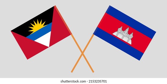 Crossed flags of Antigua and Barbuda and Cambodia. Official colors. Correct proportion. Vector illustration
