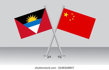 Crossed flags of Antigua and Barbuda and China. Official colors. Correct proportion. Banner design
