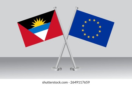 Bandeiras cruzadas de Antígua e Barbuda e União Europeia (UE). Cores oficiais. Proporção correta. Design de banner