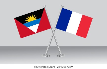Bandeiras cruzadas de Antígua e Barbuda e França. Cores oficiais. Proporção correta. Design de banner