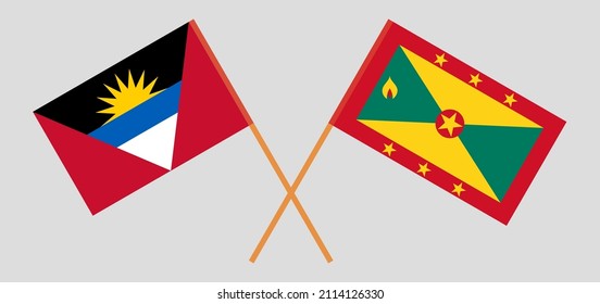 Crossed flags of Antigua and Barbuda and Grenada. Official colors. Correct proportion. Vector illustration
