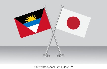 Bandeiras cruzadas de Antígua e Barbuda e do Japão. Cores oficiais. Proporção correta. Design de banner