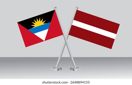 Bandeiras cruzadas de Antígua e Barbuda e Letônia. Cores oficiais. Proporção correta. Design de banner