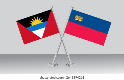 Bandeiras cruzadas de Antígua e Barbuda e Liechtenstein. Cores oficiais. Proporção correta. Design de banner