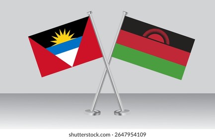 Bandeiras cruzadas de Antígua e Barbuda e Malawi. Cores oficiais. Proporção correta. Design de banner