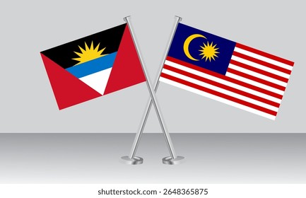 Crossed flags of Antigua and Barbuda and Malaysia. Official colors. Correct proportion. Banner design