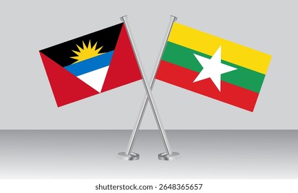 Crossed flags of Antigua and Barbuda and Myanmar. Official colors. Correct proportion. Banner design