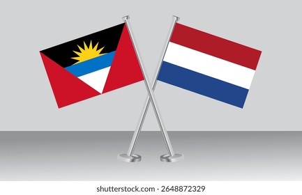 Bandeiras cruzadas de Antígua e Barbuda e Países Baixos. Cores oficiais. Proporção correta. Design de banner